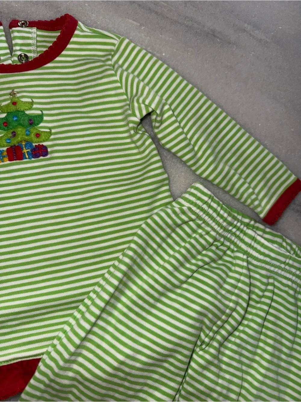 Squiggles by Charlie Green Stripe Christmas Tree Set with Red Trim Cotton 6-9m